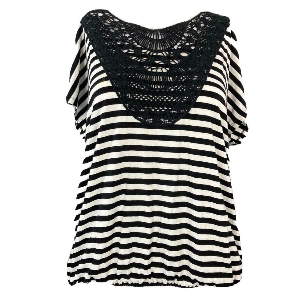 Chicos Shirt Womens Sz 1 S 8 Black White Striped Crochet Neckline Short Sleeve